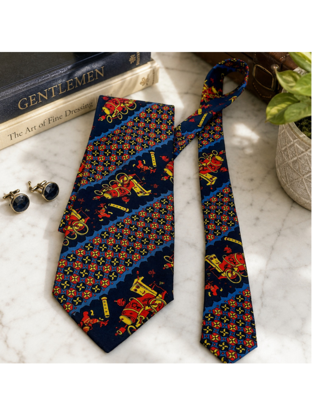 Pierre Cardin Vintage Novelty Necktie Robot Music Print Navy Red Yellow